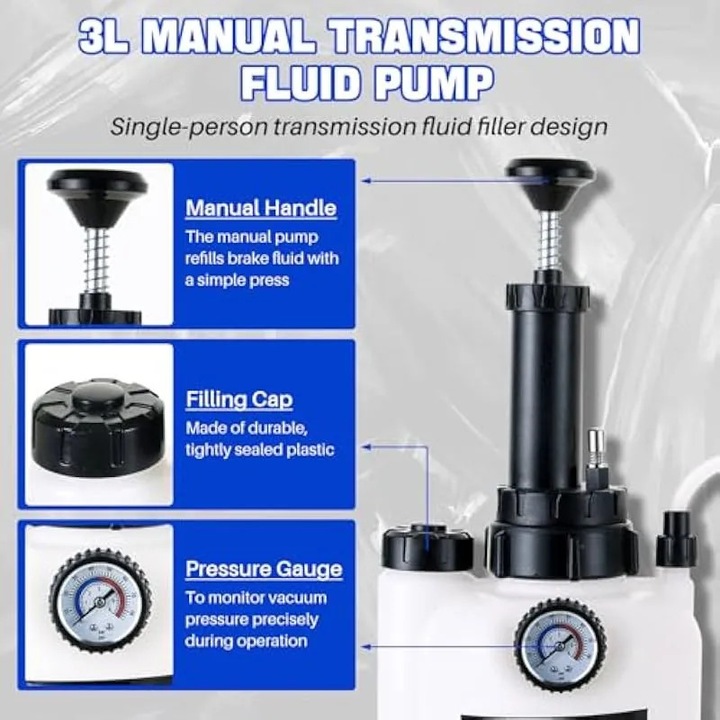 Pompa manuala pentru lichid transmisie K0582-CJ-260822-1366, 3L, presiometru integrat si supapa de eliberare, 8 adaptoare ATF, furtunuri intarite, negru/alb
