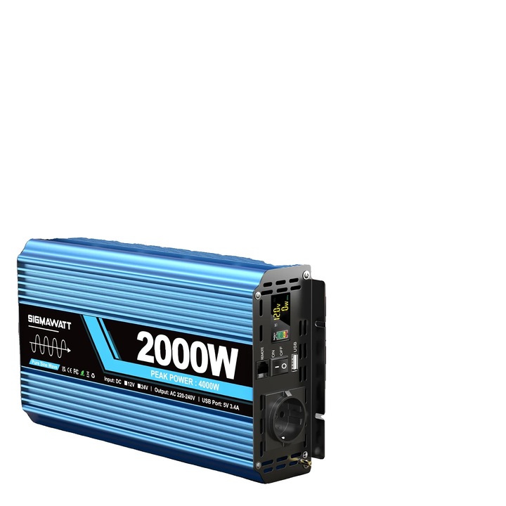 Inverter 2000W (csúcs 4000W) 12V, AC 220V kimenet, tiszta szinusz, LCD kijelző és távirányító, USB port, EU aljzat, kék