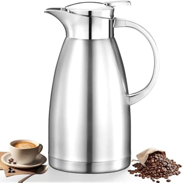 Cana termica de cafea de 2, 3 l cu capac cu buton de presare, carafa de ceai din otel inoxidabil, vas izolat in vid cu pereti dubli, dozator de bauturi calde si reci, ulcior argintiu pentru bauturi, suc, lapte, apa