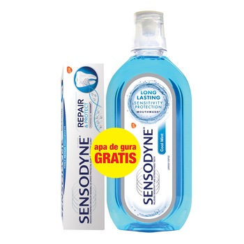 Pachet promo Sensodyne: Pasta de dinti Repair and Protect, 75ml + Apa de gura Cool Mint, 500 ml Pachet promo Sensodyne: Pasta de dinti Repair and Protect, 75ml + Apa de gura Cool Mint, 500 ml