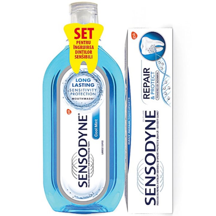 Комплект Sensodyne: Паста за зъби Repair and Protect, 75 мл + Вода за уста Cool Mint, 500 мл