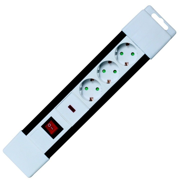 Home NVP 03K/WH túlfeszültség védett hálózati elosztó, 2 m, kapcsolós, H05VV-F 3G1,5 mm2 kábel, IP20 kivitel, 3 aljzat, max. 3500W, falra akasztható