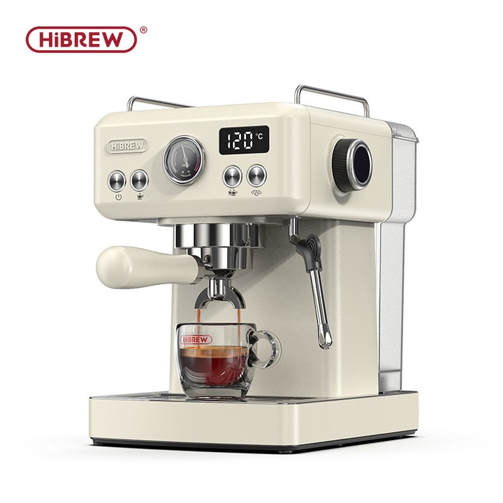Espressor cafea semiautomat HiBREW H10A, Coffee Maker 20 Bar, Pompa dubla, Incalzire rapida, Manometru, Afisaj LCD, Control temperatura PID, Pre-infuzare programabila, Duza spumare lapte