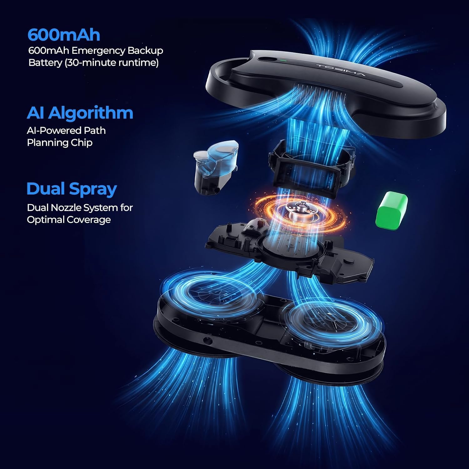Tosima X1 Robot autonom Curatare Geamuri, Atomizare cu ultrasunete a apei cu duza dubla, rezervor de apa vizibil de 85 ml, curatator automat de geamuri pentru ferestre mari si mici, Negru