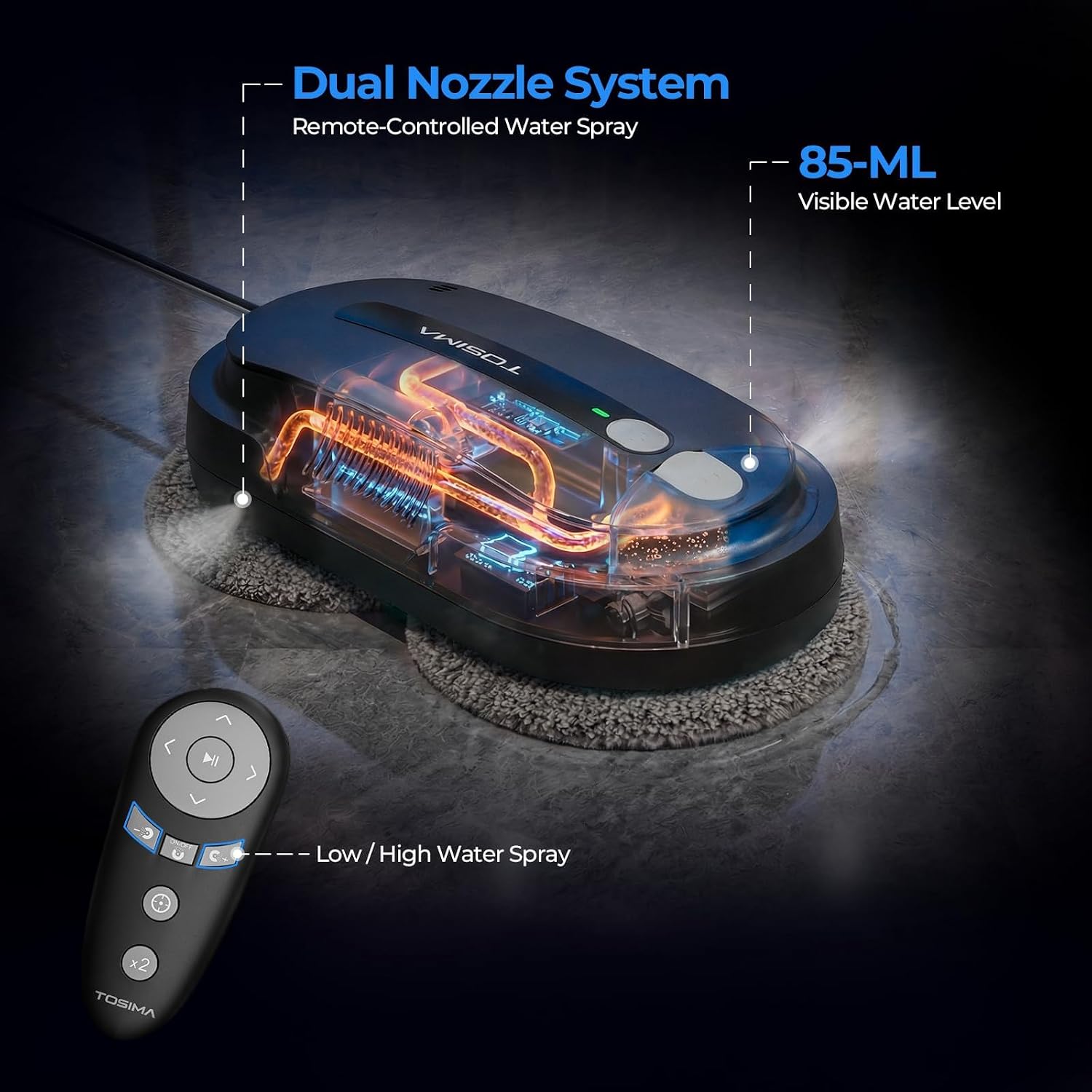 Tosima X1 Robot autonom Curatare Geamuri, Atomizare cu ultrasunete a apei cu duza dubla, rezervor de apa vizibil de 85 ml, curatator automat de geamuri pentru ferestre mari si mici, Negru