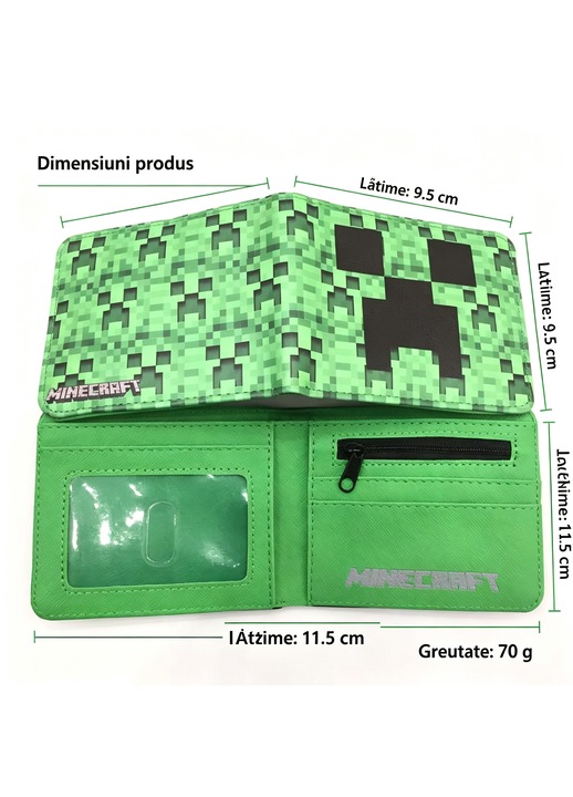Къс сгъваем портфейл Creeper, зелен пиксел, PU материал, 9.5 × 11.5 см, 70 г, портфейл за деца и фенове на видеоигри