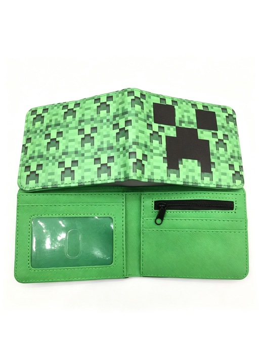 Къс сгъваем портфейл Creeper, зелен пиксел, PU материал, 9.5 × 11.5 см, 70 г, портфейл за деца и фенове на видеоигри