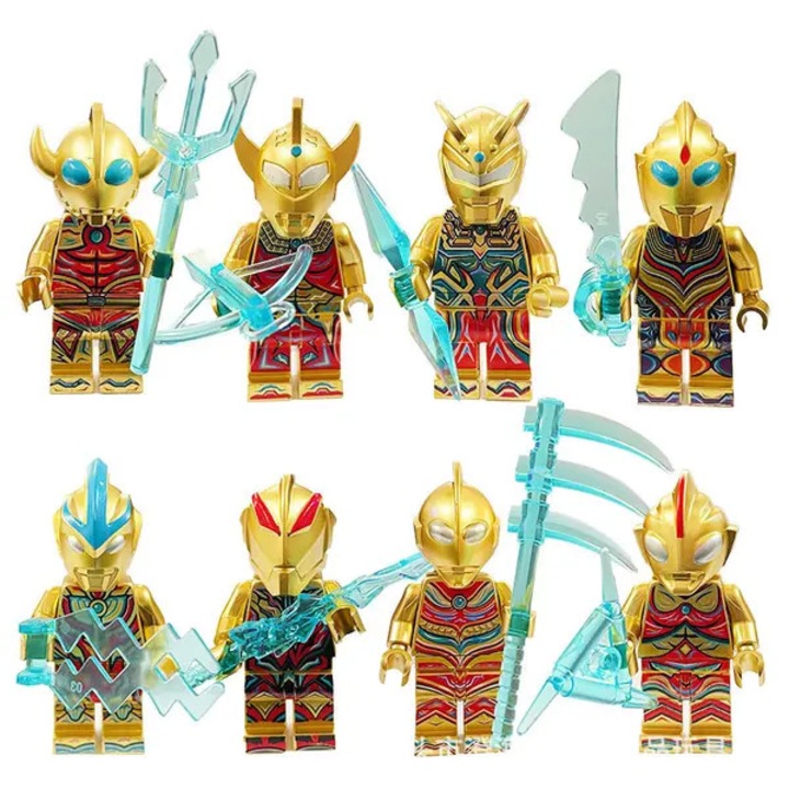 Комплект от 8 фигурки тип минифигурки, съвместими с LEGO, герои в стил Ultraman, части за сглобяване, златисти със сини полупрозрачни аксесоари, височина под 5 см