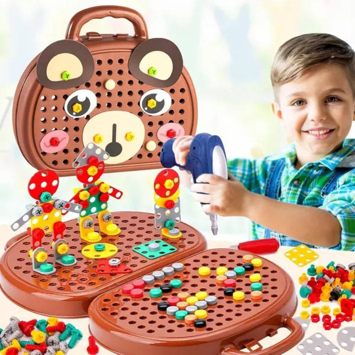 Set de constructie Montessori ISINI-CJ-K0497-260905-286, 205 piese, burghiu electric pe baterii AA, suruburi si piulite, maro