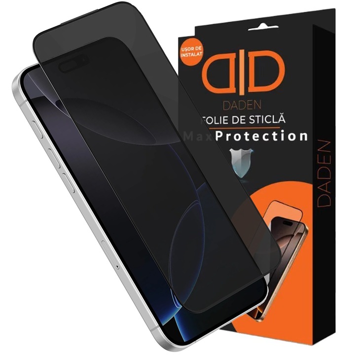 Adatvédelmi üvegfólia iPhone 18 Pro Max Daden MaxProtection készülékhez, Teljes fedés, Professzionális védelem, Ultra ellenálló, Prémium minőség, Fekete élek