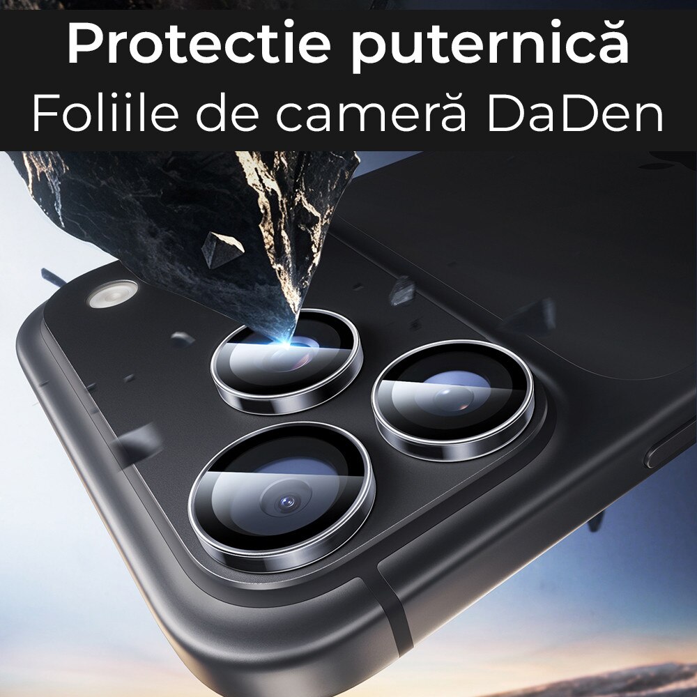 Folie Camera din sticla pentru iPhone 18 Pro, Full Cover, Protectie Profesionala, Daden, Ultra Rezistenta, Calitate Premium, Black Titanium