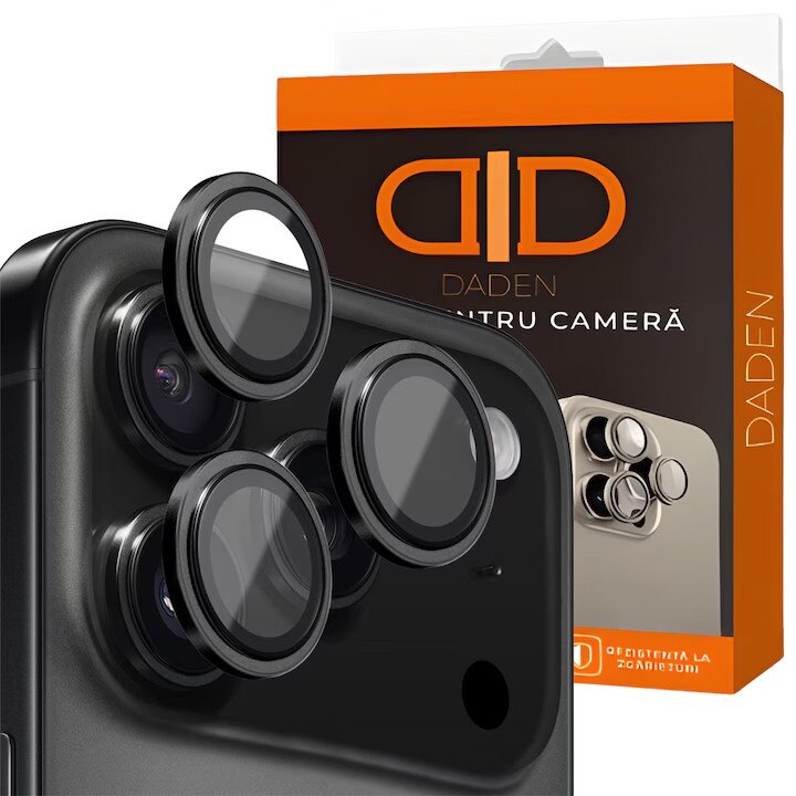 Folie Camera din sticla pentru iPhone 18 Pro, Full Cover, Protectie Profesionala, Daden, Ultra Rezistenta, Calitate Premium, Black Titanium