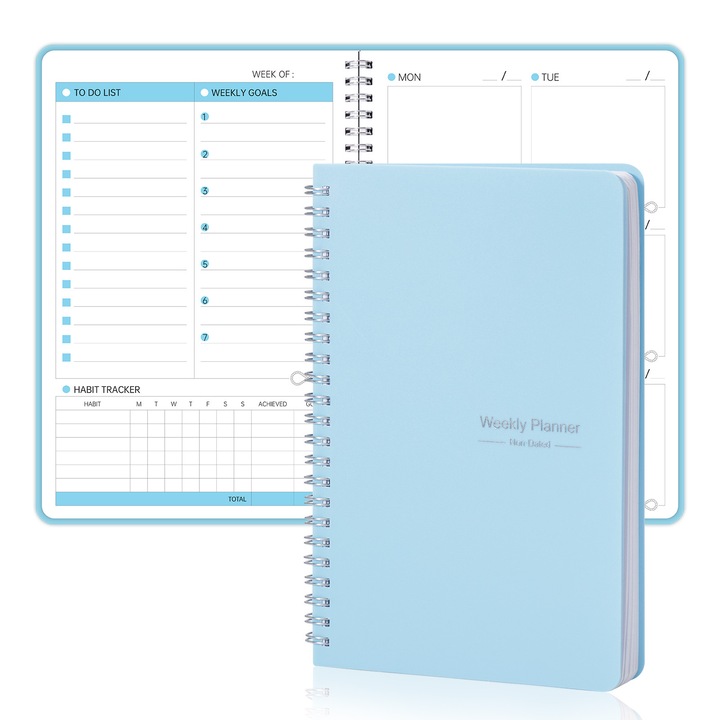 Agenda saptamanala KPK0586-260817-002, nedatata, A5 (14.8 x 21 cm), spiralata, cu habit tracker si sectiuni pentru obiective, albastru deschis