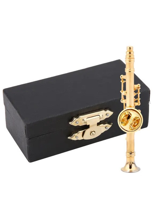 Brosa clarinet placata cu aur in metal, miniatura decorativa cu cutie cadou, auriu, 5,5 x 1 x 1 cm