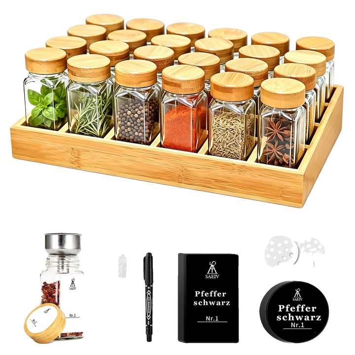 Set depozitare condimente XY104, borcane din sticla cu capace etanse din bambus, raft din bambus, capac cu orificii pentru dozare, include palnie, etichete si perie, natural/transparent, ≈120 ml