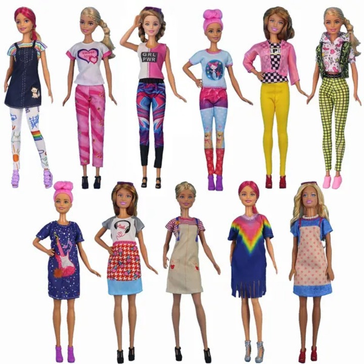 Set 13 piese haine pentru papusi Barbie, satin, dantela si tull, multicolor, pentru papusi 28–30 cm