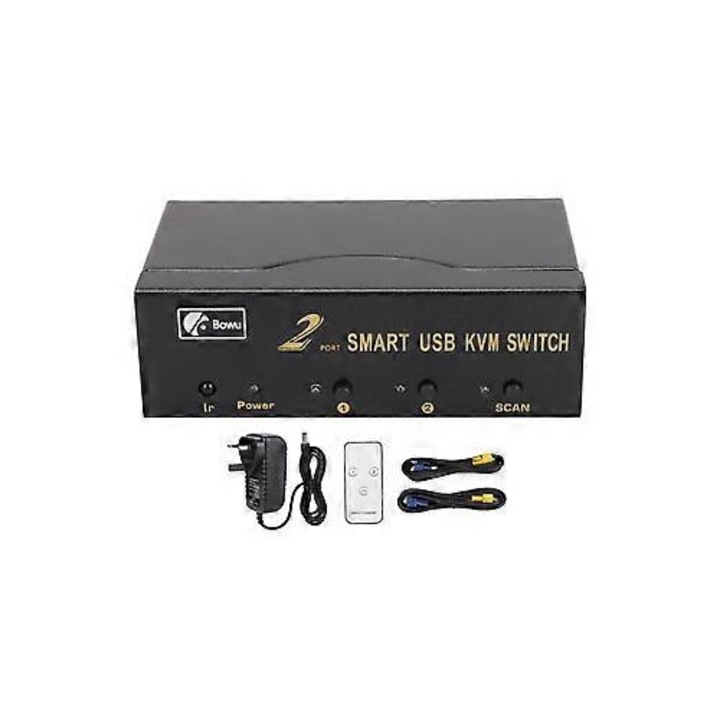 KVM VGA USB kapcsoló ISINI-CJ-K0497-260824-2205, 2 az 1-ben (2 számítógép → 1 monitor), 4 USB port billentyűzethez/egérhez, távirányító, 100-240V adapter, fekete