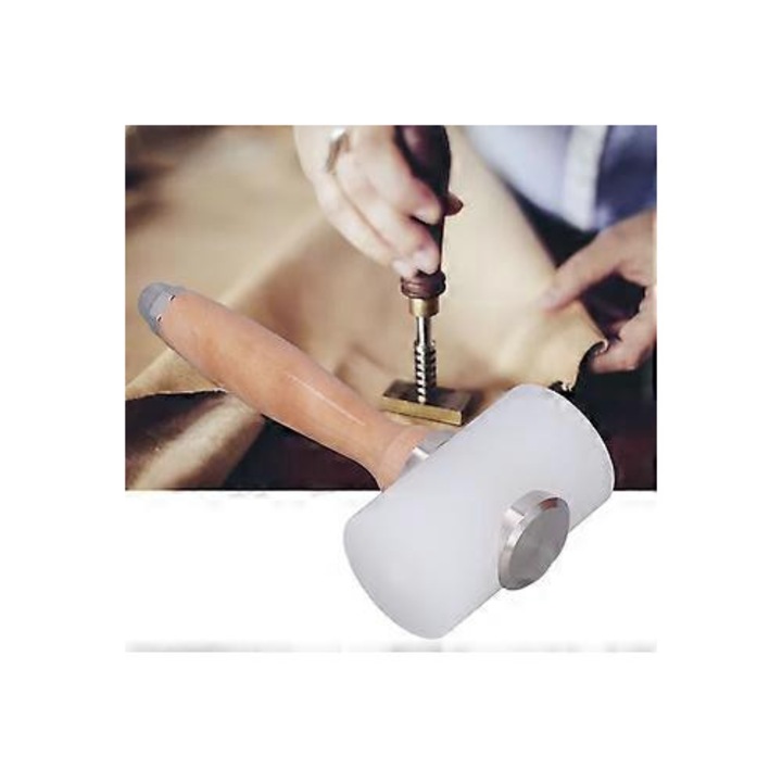 Ciocan pentru prelucrare piele cu cap din nylon in forma de T, maner din lemn, alb, ISINI-CJ-K0497-260824-2385