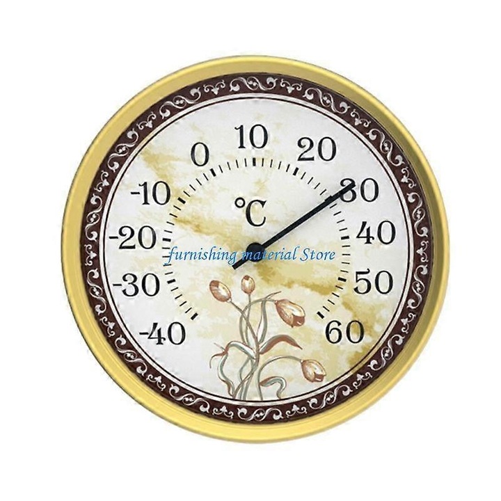Analóg fali hőmérő babaszobába, E38-A124-E14132-CJ modell, -40–60°C méréstartomány, 100 mm átmérő, ABS/üveg/alumínium ház, arany színű kivitel virágmintás dekorációval