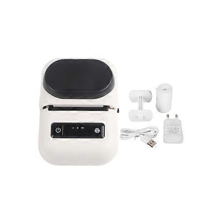 ISINI-CJ-K0497-260824-1551 hordozható hőnyomtató, vezeték nélküli, USB-C interfész, többeszközös csatlakozás, gyors nyomtatás, fekete/fehér, EU 100-240V adapter
