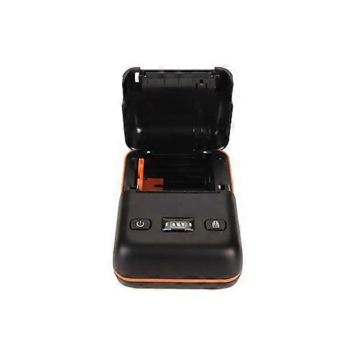 ISINI-CJ-K0497-260824-3992 mobil hőnyomtató, 58 mm, Bluetooth 4.2, 50–80 mm/s sebesség, 203 DPI, USB-C, automatikus készenléti és ébresztő funkció, 100–240V, fekete/narancs, US csatlakozó