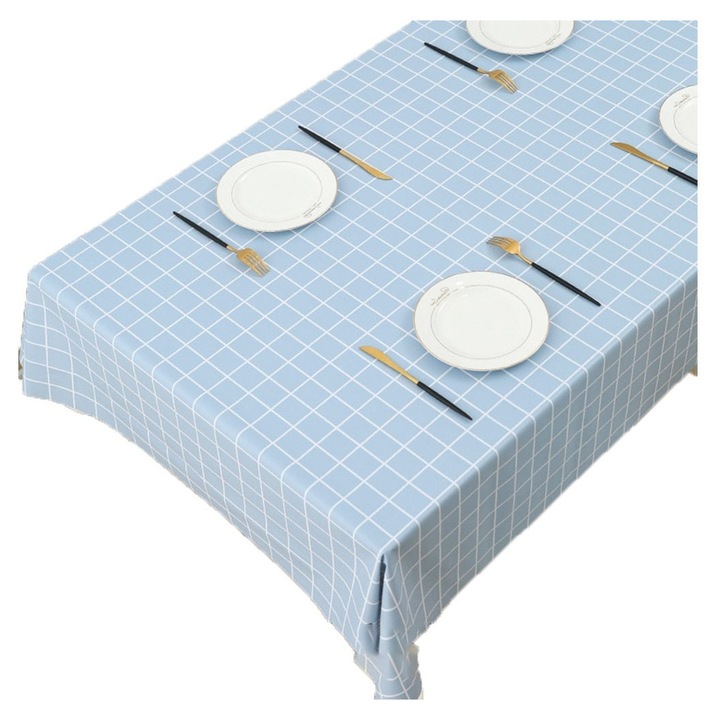 Téglalap alakú PVC asztalterítő K0345-0716-TDCJ-xw6082, vízálló, olaj- és foltálló, könnyen tisztítható, fehér, világoskék kockás, 1 db.