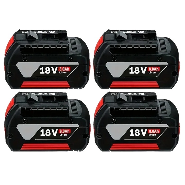 Set 4 acumulatori Li-ion 18V 8.0Ah (8000 mAh), compatibili cu diverse modele, negru/rosu