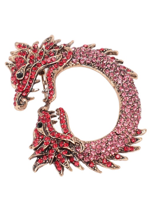 Brosa in metal placat aur roz, dragon cu doua capete cu cristale rhinestone, stil vintage, multicolor