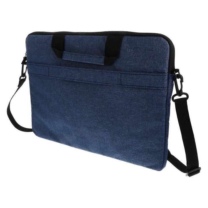 Geanta pentru laptop din material oxford, cu buzunar frontal si curea de umar detasabila, albastru inchis, 40 x 30 x 3 cm