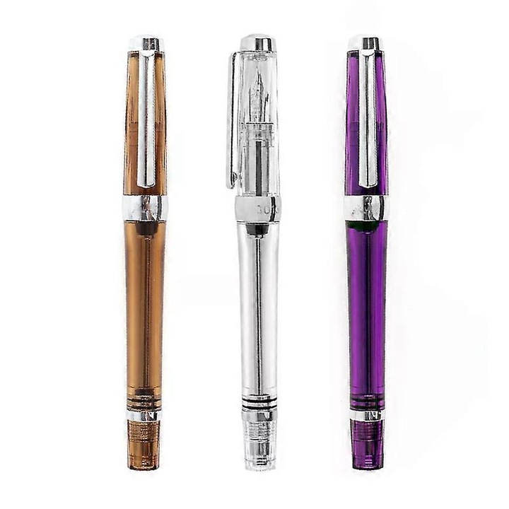 3 darab vákuumos töltőtoll készlet 3013 FU-K0276, átlátszó gyanta test, EF/F 0.38/0.5 mm tollhegyek, többszínű
