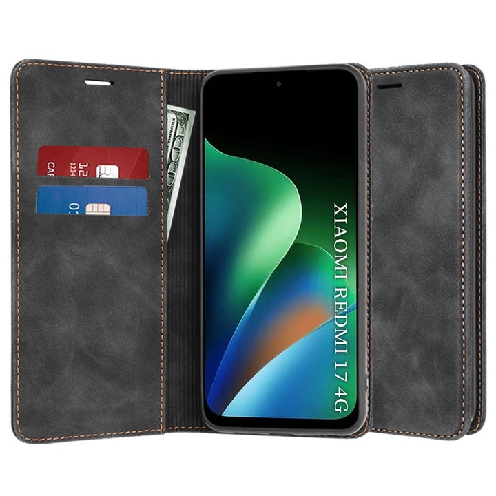 Husa tip carte pentru Xiaomi Redmi 17 4G, 5G Retro Business cu inchidere magnetica, negru