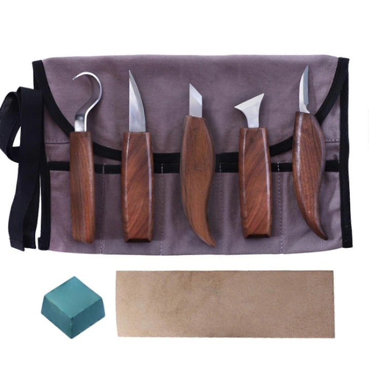 Set de 5 cutite pentru sculptura in lemn FU-K0276-20260824-4748, manere din nuc, lame din otel aliat, maro, cu husa de depozitare