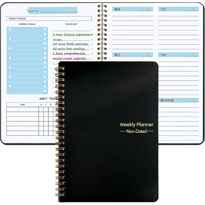 Planner saptamanal nedatat KPK0586-260819-003, A5 (14 x 20.6 cm), spiralat, cu urmarire obiceiuri, sectiuni pentru obiective si liste de sarcini, negru