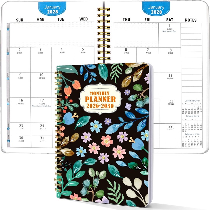 Planner lunar 2026–2030 KPK0586-260819-006, 60 luni, A5 (14,8 x 21 cm), spiralat (wire-o 360°), pagini cu calendar lunar in doua pagini, sectiune note si liste de activitati, multicolor