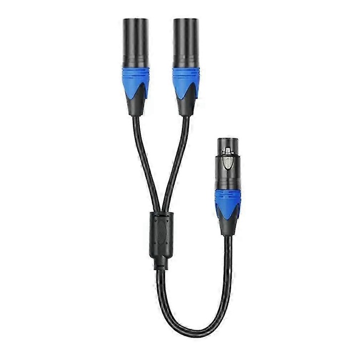 Cablu splitter XLR Y FU-K0276-20260824-6717, 1 XLR 3-pin male към 2 XLR 3-pin female, 50 cm, двойно екраниране, метални електроплакирани корпуси, черен/син