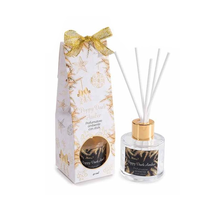 Parfüm szoba pálcikákkal Karácsony, Poppy Dark Amber illat, Ø 5 cm x 15 H, 40 ml