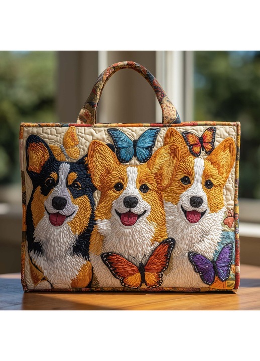 Hímzett vászon bevásárlótáska corgi és pillangó mintával, környezetbarát, Többszínű, 34 x 40 cm