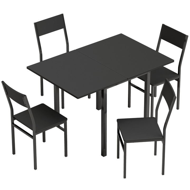 Étkezőasztal és Székek Szett, HOMCOM, MDF és Fém, 80-120 cm, Fekete