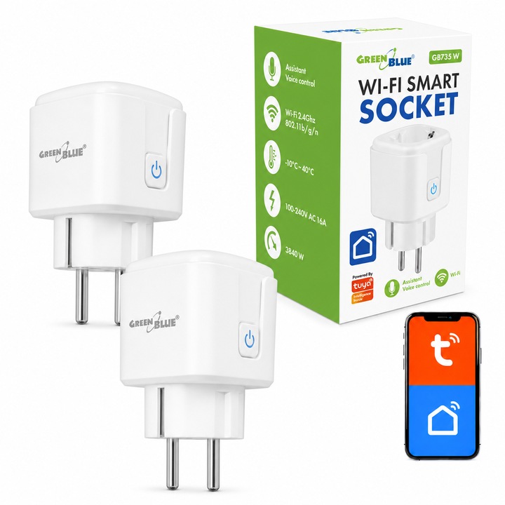 Priza WiFi GreenBlue cu comanda de la distanta, compatibila cu Android/iOS/Alexa/Google Home, temporizator, contor de putere, max. 16 A/3840 W, GB735 W, 2 bucati