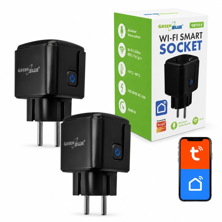 Priza WiFi Smart Tuya cu temporizator, GreenBlue cu control de la distanta, compatibila cu Android/iOS/Alexa/Google Home, temporizator, GB735 B, 2 bucati
