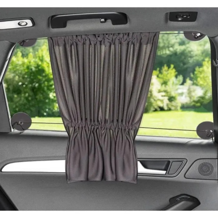 Perdele auto opace cu ventuze, set 2 buc., din material blackout, negru, pentru geamuri laterale/spate