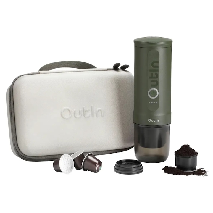 Aparat de cafea portabil fără fir Outin Nano, Set de călătorie, 20 bari, 7500 mAh, 12V-24V, Compatibil cu capsule Nespresso și cafea măcinată, Verde