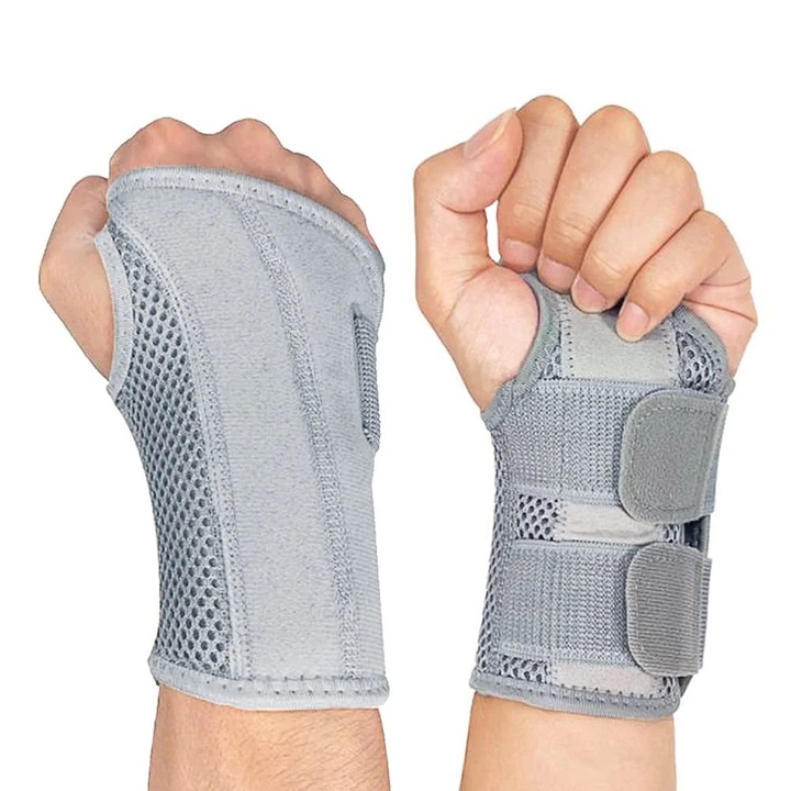 Orteza pentru incheietura cu atela, suport reglabil reversibil stanga/dreapta, material respirabil tip plasa, curele cu scai, gri, marime universala