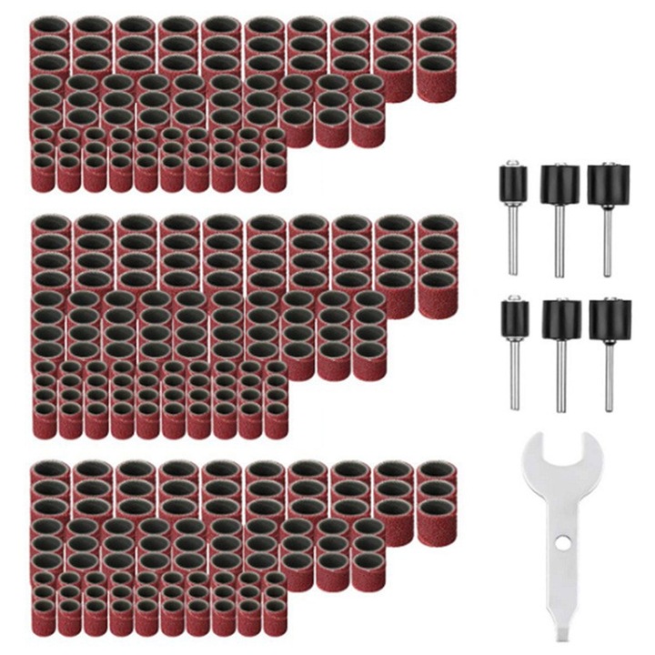 Set mansoane de slefuit pentru unealta rotativa, 300 buc., granulatii 80/120/240, role cauciuc 6 buc. + cheie, diametre 1/2"/3/8"/1/4", ax 2.35/3.17 mm, compatibil Dremel si unelte rotative
