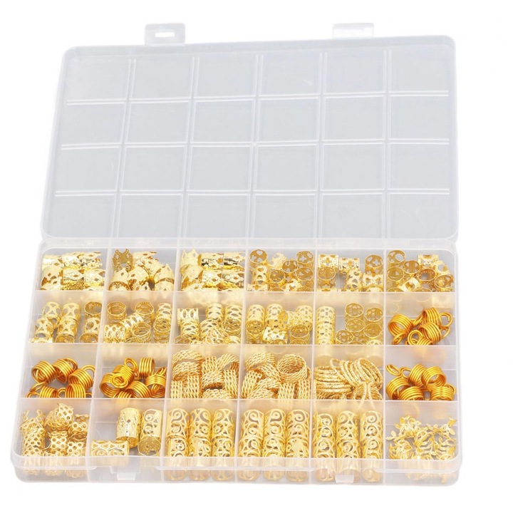 Accesorii pentru dreadlocks, inele si tuburi pentru impletituri din metal placat cu aur, set asortat in cutie organizator, auriu