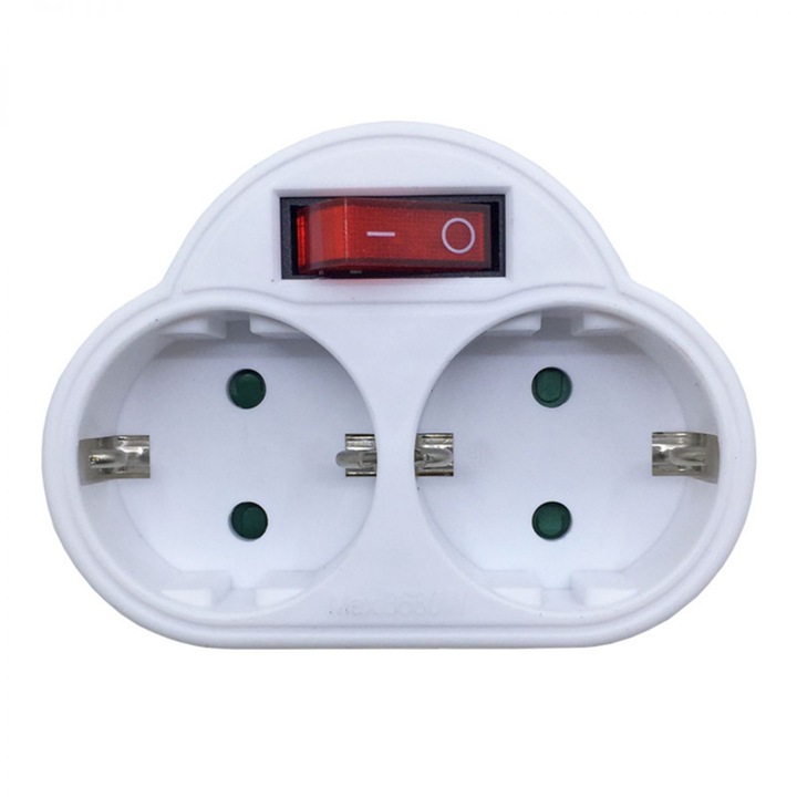 Adaptor priza dublu Schuko LR-20260824-19489, 16 A 3680 W 250 V, cu intrerupator si blocare copii, alb