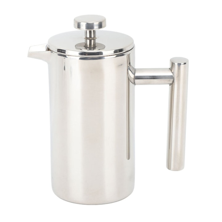 Cafetiera French press din otel inoxidabil 304, dublu perete izolata, cu maner, argintiu, model LR-20260824-24700
