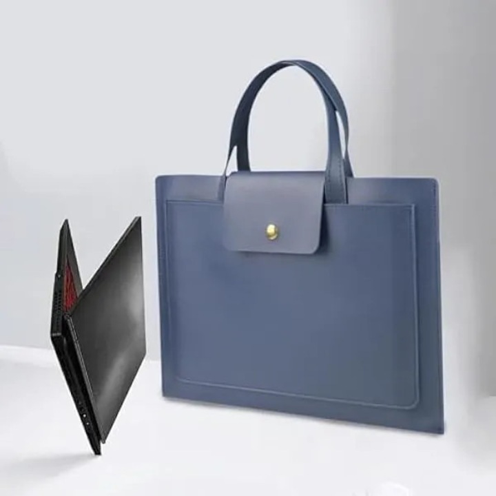 Servieta pentru laptop din material sintetic, impermeabila, cu maner superior si clapeta cu nasture, albastru