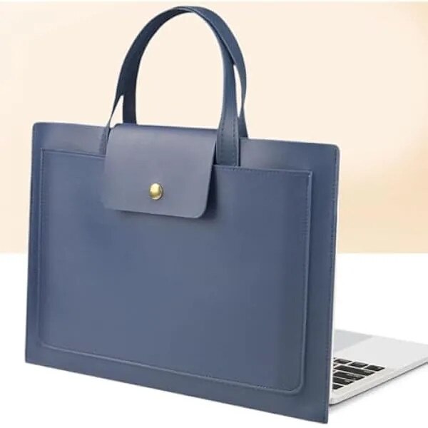 Servieta pentru laptop din material sintetic, impermeabila, cu maner superior si clapeta cu nasture, albastru