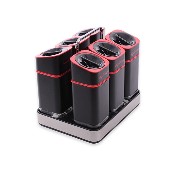 Set 6 borcane pentru condimente Luigi Ferrero Atlanta, Cu suport, FR-1446 BRM, Negru